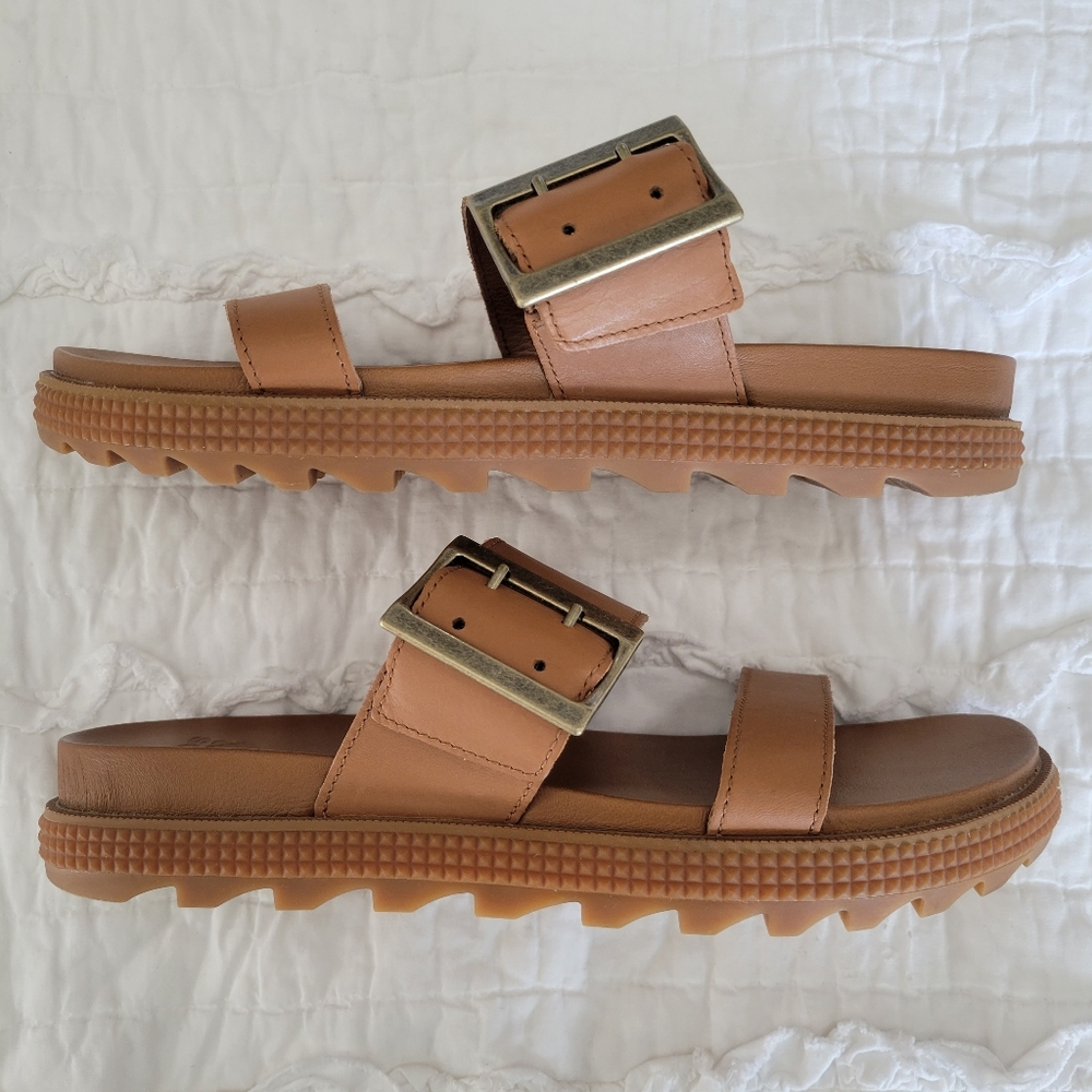 SOREL Women's Roaming Slide Sandals 9.5 EUC Tan Full Grain Leather